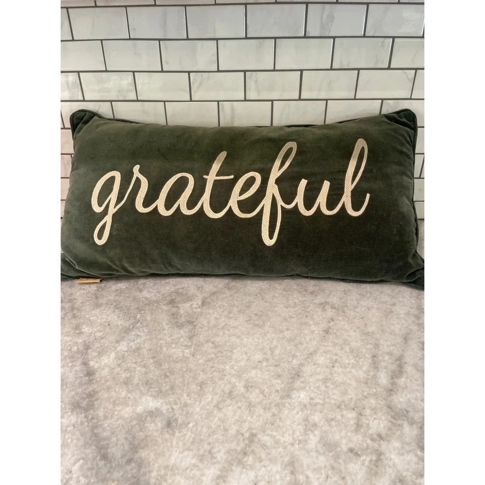 Devi Designs Throw Pillow Green Grateful Velvet Embroidered Lumbar 24x12